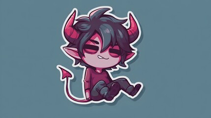 Fototapeta premium Cute Chibi Demon Character Sitting Down with Horns and Tail.