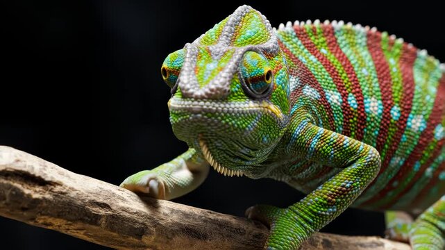Close-up shot of a beautiful red and green chameleon in front of a black background.
