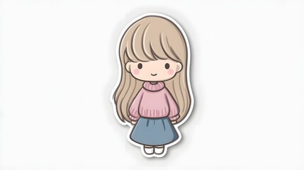Cute Chibi Girl with Blonde Hair Wearing a Pink Sweater and Blue Skirt.