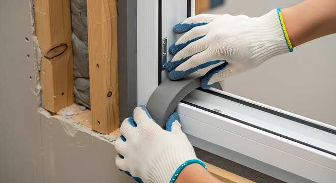 Craftsmen Installing Soundproofing Tape on Window Frame During Renovation