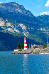 Fototapeta premium Hafen Unterterzen Gemeinde Quarten am Südufer des Walensees, Kanton St. Gallen