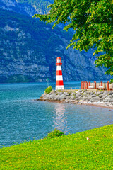 Fototapeta premium Hafen Unterterzen Gemeinde Quarten am Südufer des Walensees, Kanton St. Gallen