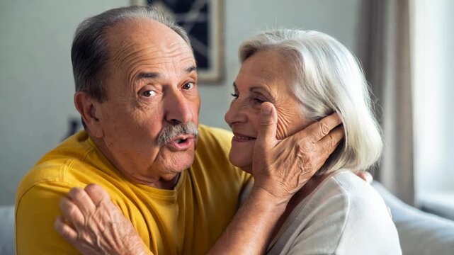 Loving older couple embracing indoors, showcasing affection and connection in golden years