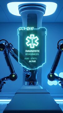 Futuristic Robotic Arm and Medical Interface CGI Visualization in a High-Tech Laboratory Environment with Blue Neon Lighting