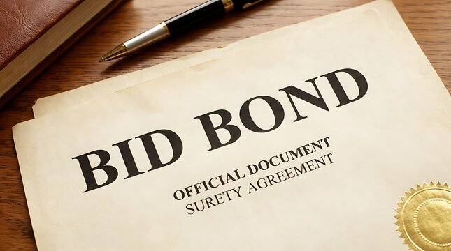 Bid bond surety agreement document with seal and pen on office desk.