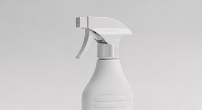 A close-up shot of a plain white plastic spray bottle against a light background, highlighting its simple design and functional trigger mechanism.