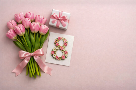 Pink Tulip Bouquet And Number Eight For International Womens Day