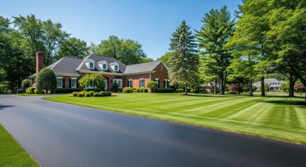 Naklejka premium Brick house with manicured lawn and trees under a clear sky