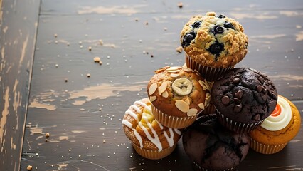 Varied flavor muffins piled on rustic wooden background, bakery concept