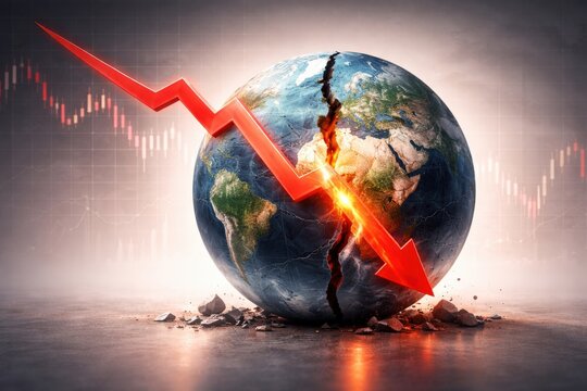Cracked Earth globe with a red downward financial graph line and broken fragments on a dark background. Concept of global economic crisis, market crash, recession and instability