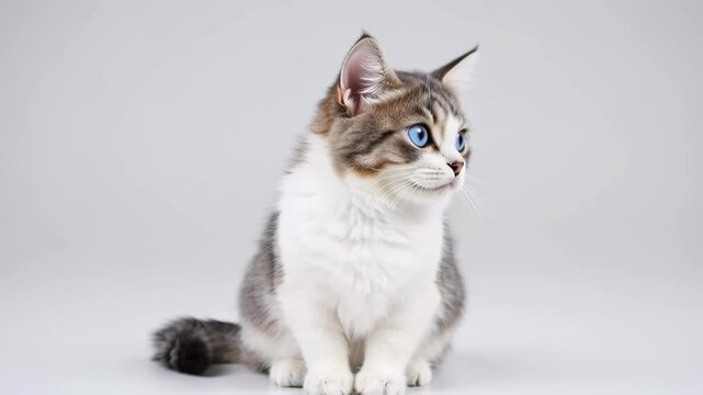 Adorable fluffy kitten with curious blue eyes perched on a light backdrop looking attentive and calm.