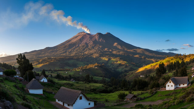 smoking volcano village landscape