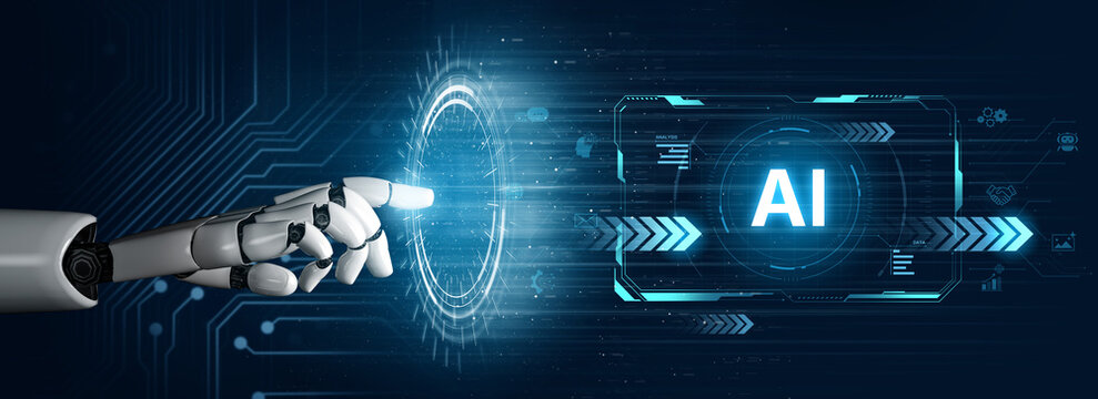 A self-aware AI assistant displays its central processing hub on a futuristic interface. This generative technology demonstrates its capabilities in machine learning and data analysis. Fermion