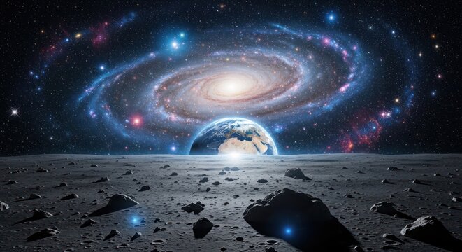 Earth rises above a rocky moonscape under a spiral galaxy backdrop