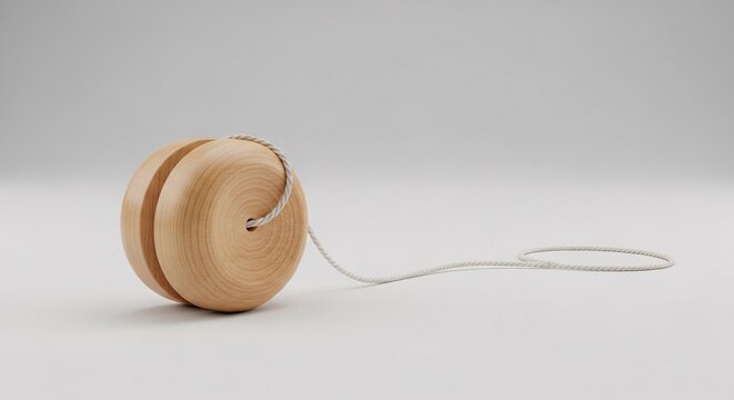 A simple, classic wooden yo-yo with a white string, resting on a clean white background, ready for play.