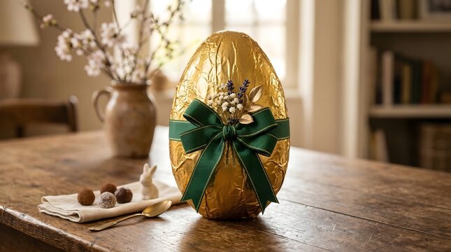 Large golden foil wrapped chocolate easter egg with decorative ribbon
