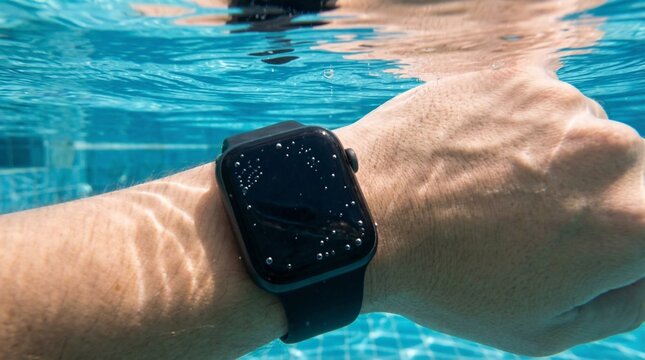 Close-up of a waterproof smartwatch on a wrist submerged in swimming pool water.