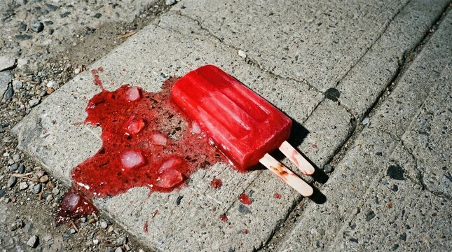 Melted red fruit popsicle dripping on a hot sun-baked concrete sidewalk.