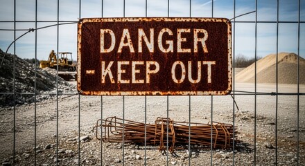 Rusty 'Danger - Keep Out' sign on wire fence at construction site