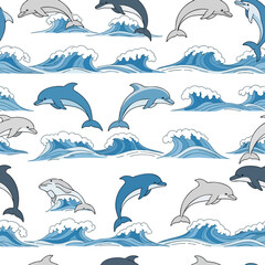 Obraz premium Seamless Pattern of Dolphins Jumping Out of Ocean Waves