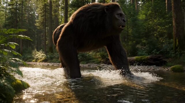 A large ape-like creature walks through a shallow, sun-dappled river surrounded by lush green forest foliage