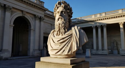 Fototapeta premium Stone bust of bearded man with laurel crown in courtyard, classical architecture