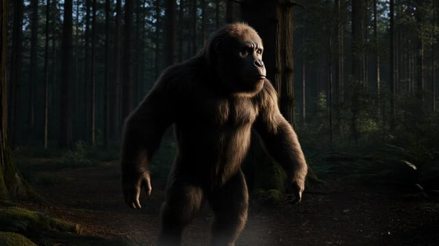 A powerful ape-like creature stands in the shadowy depths of a dense, ancient forest, an enigmatic sentinel of the wild