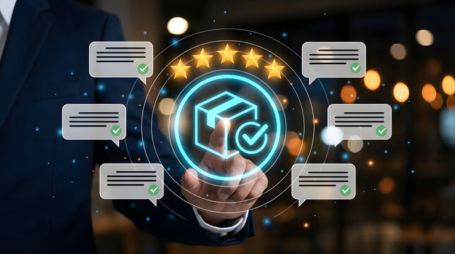 Businessman hand touching virtual screen with five stars rating and package delivery icons representing customer feedback high quality shipping service and online retail satisfaction