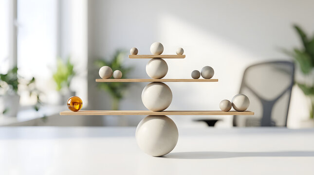 Wooden balance scales with white marble spheres and one amber glass ball on office desk representing business harmony work life stability and strategic leadership management