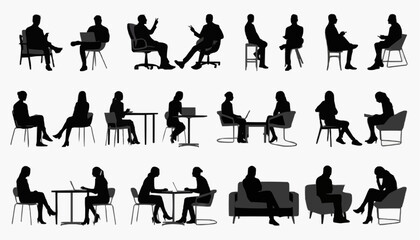 business people silhouettes Vector Set of Detailed People Sitting Silhouettes Isolated on White Background &ndash; Human Sitting Pose Collection Illustration