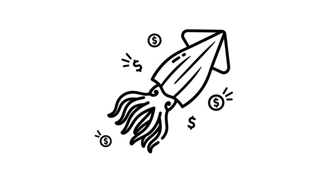 Squid Character with Money Symbols and Coins, Cartoon Style