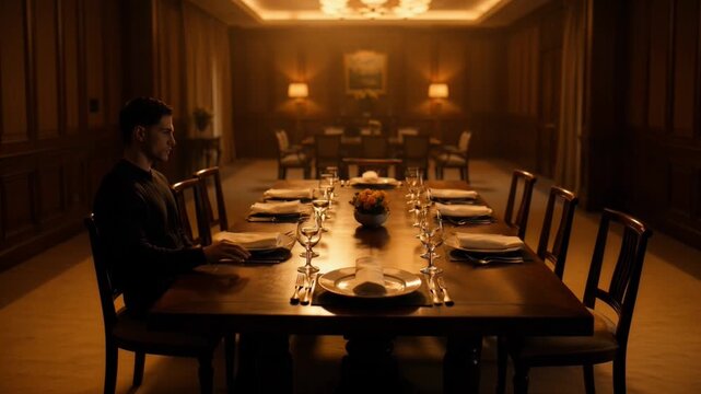A man sits alone at a long, luxuriously set dining table in a dimly lit, opulent room, capturing a poignant moment of profound solitude