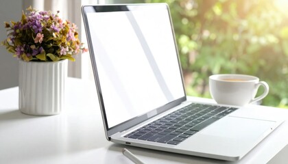 Fototapeta premium Modern Workspace with Open Laptop, Coffee Mug, and Potted Plant Bathed in Morning Sunlight