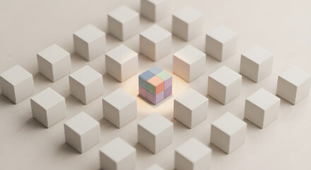 Fototapeta premium One multicolored glowing cube standing out from a large group of identical white blocks representing leadership uniqueness individuality and innovative business strategy concepts