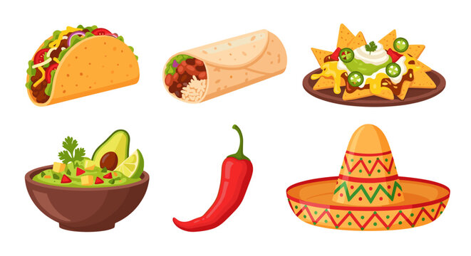 A colorful vector graphic illustration of various Mexican food items and symbols
