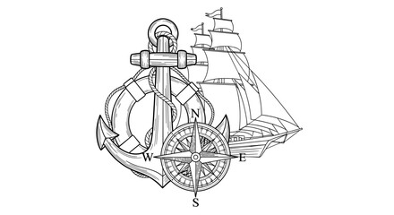 A nautical anchor and compass with a ship sailing in the background, symbolizing navigation and direction.