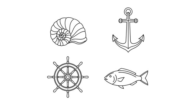 A set of nautical icons including an anchor, fish, ship wheel, and nautilus shell in a minimalist line art style