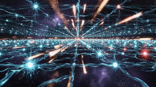 Abstract visualization of a neural network with glowing nodes and connections, representing artificial intelligence and complex data processing in a cosmic setting.