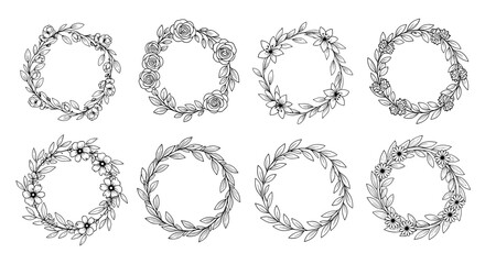 Obraz premium A set of eight delicate floral wreaths in a minimalist line art style on a white background