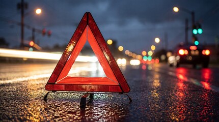 Red warning triangle on wet asphalt road at night during rain with car headlights. Road accident safety and vehicle breakdown concept.