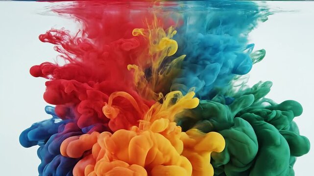 Vibrant colors of ink dissolving in water, creating abstract cloud-like formations.