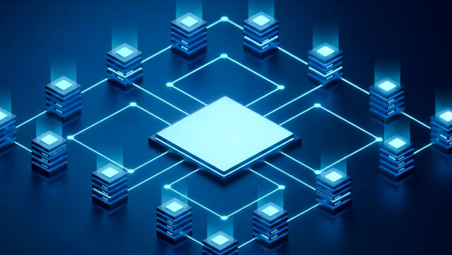 The central processing unit connects to decentralized server nodes in a glowing digital network infrastructure.
