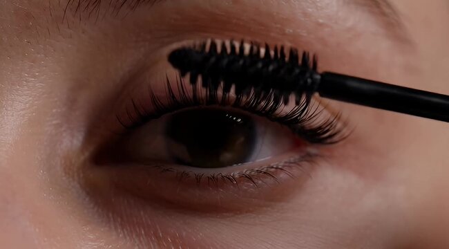 Extreme closeup of a woman's eye applying mascara for a makeup routine