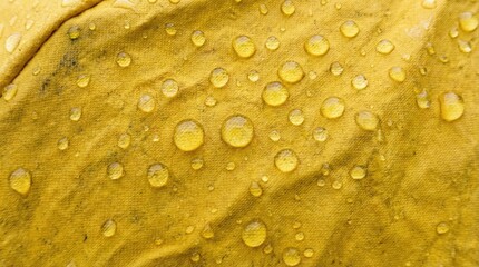 Close-up texture of a bright yellow waterproof raincoat fabric covered in fresh water droplets.