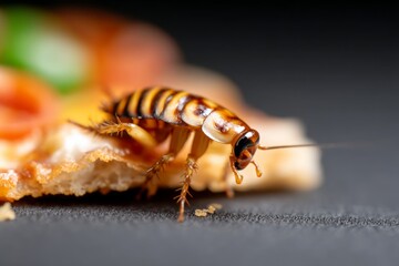 Fototapeta premium Macro Side Angle Shot of Cockroach Crawling Across Greasy Surface of Food Remnants