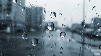 Macro shot of clear rain drops covering a glass window with a moody blurred background.