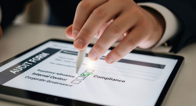 Closeup Businessman Hand checking Compliance box on digital audit form, representing regulatory adherence, internal control, and corporate governance.