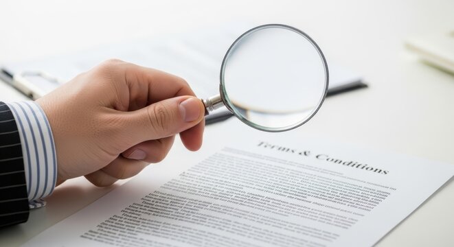 Closeup Businessman Hand holding magnifying glass over Terms & Conditions, representing fine print review, legal awareness, contract analysis, and informed consent.