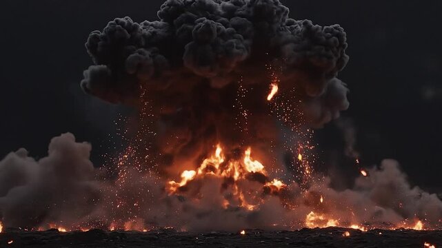 Massive explosion with bright orange flames and dark smoke billowing into the night sky.