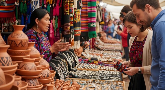 Indigenous woman selling traditional pottery and textiles to tourists at a vibrant outdoor market.